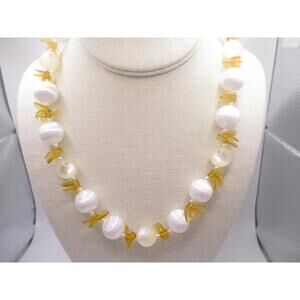 plastic beaded moonglow white yellow hook JAPAN necklace 17" 0275